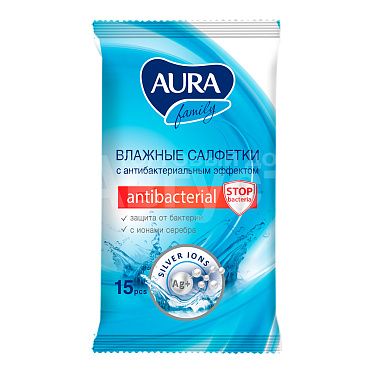 Влажные салфетки Aura Family с антибактериальным эффектом, 15 шт